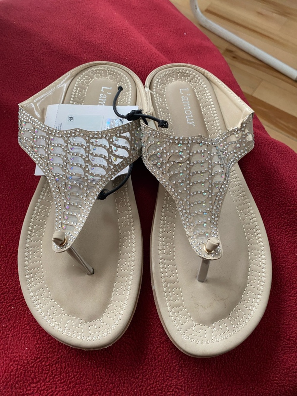 L'Amour Mexx Champagne Rhinestone T-Strap Sandals